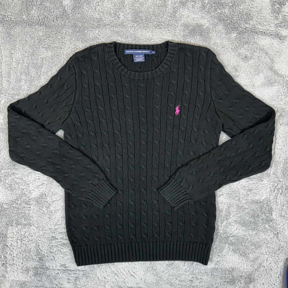 Ralph Lauren Sport Black Cable Knit Cotton Sweater Pink Pony XL - Picture 2 of 8